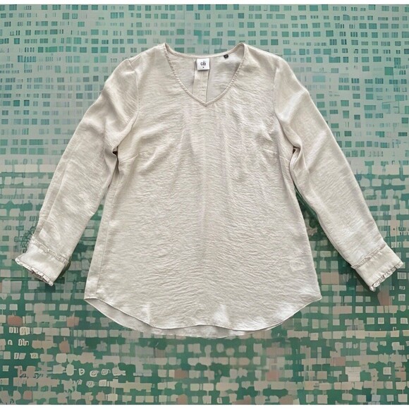 CAbi Tops - Cabi Blouse Ruffled Long Sleeves V Neck Satin Size M Off White Silk Feel Top